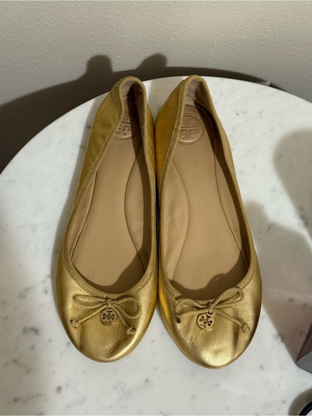 Tory Burch Metallic Gold Leather Ballet Flats with Logo Charm